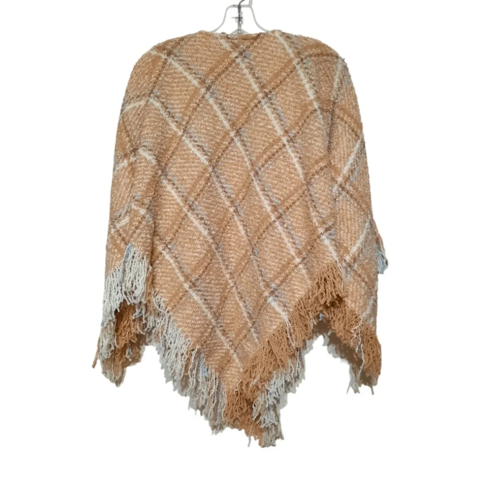 IRISH ALPACA Fringe Plaid Poncho Cape Sweater BOYNE VALLEY WEAVERS Tan Blue OS - Picture 4 of 10